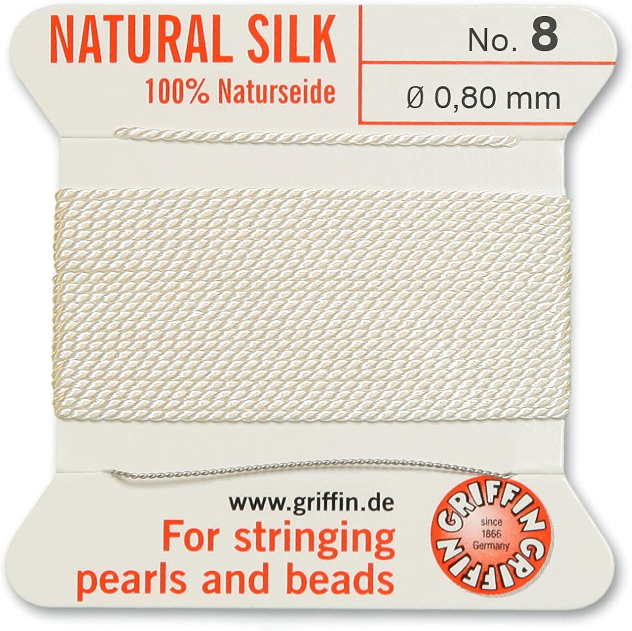 Griffin Silk Bead Cord Perlseide – Size 8 (0.80mm) – 2 Meters per Card – Stainless Steel Needle Attached – for Knotting Pearls, Gemstones, Crystals and Beads